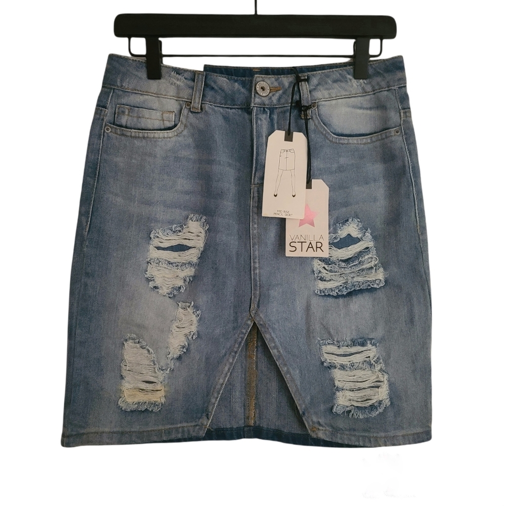 Vanilla Star Distressed Denim Jean Mid Rise Pencil Skirt Size 3/4. NWT